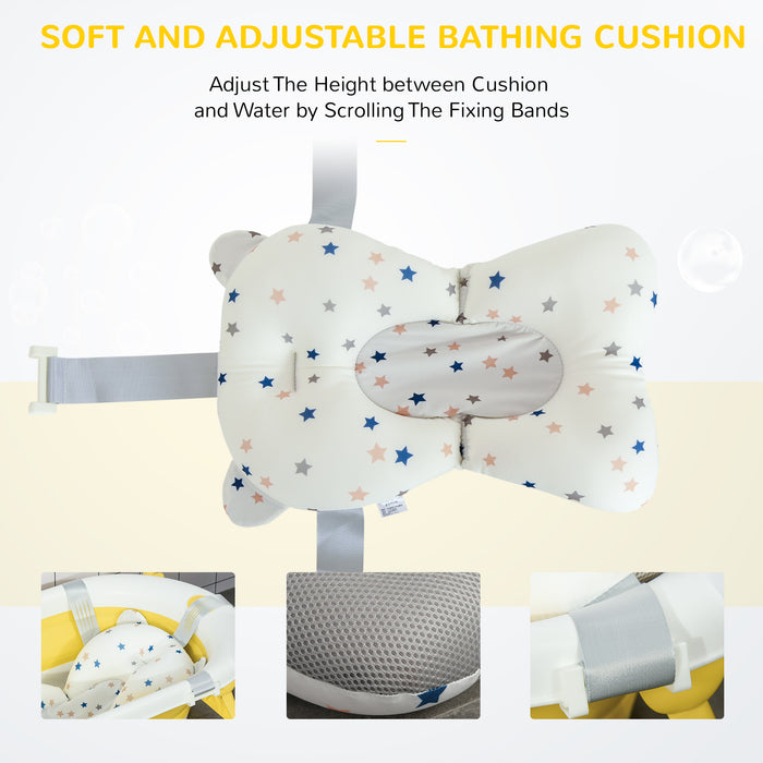 Foldable Ergonomic Baby Bath Tub with Cushion - Temperature-Sensitive Plug, Non-Slip Legs, Portable Design - Ideal for Infants 0-3 Years, Sunny Yellow