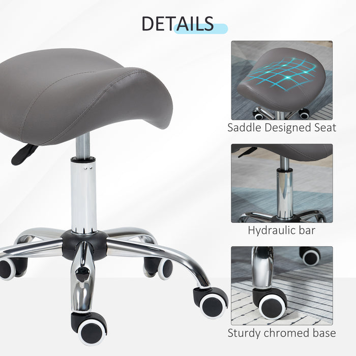 Hydraulic Saddle Stool - 360° Rotatable, Height Adjustable, Faux Leather Spa and Salon Chair with Rolling Base, Grey - Ideal for Cosmetologists, Massage Therapists, and Beauty Professionals