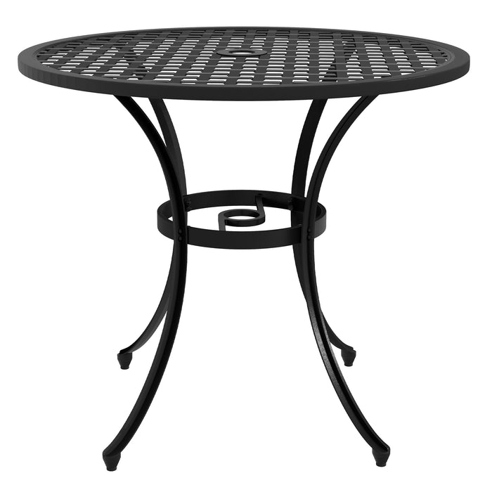 Cast Aluminium Bistro Table - 85cm Round Garden Table with Umbrella Hole, Patio Furniture - Ideal for Balcony & Poolside Settings, Black Finish