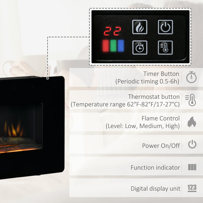 Electric Wall-Mounted Fireplace Heater - Adjustable Flame, Remote, Timer, 1800/2000W Power in Black - Cozy Ambiance for Home Heating