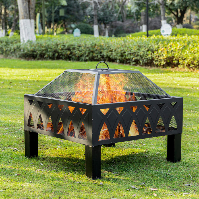 Outdoor Wood Burning Fire Pit with Screen Cover - Durable Log Burner Bowl with Poker for Patio and Backyard - Ideal for Cozy Evenings and Entertainment