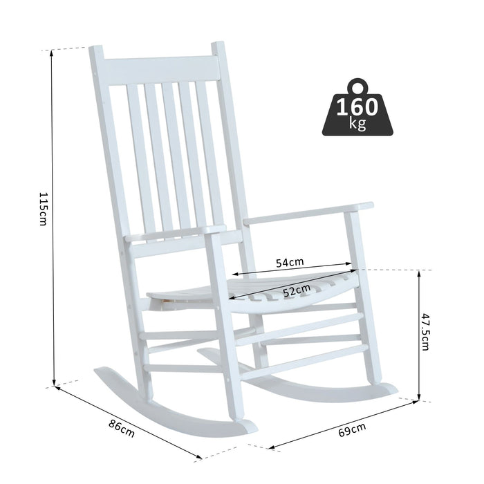 White Wooden Porch Rocking Chair - Cozy Armchair Patio Rocker for Outdoor Deck & Garden - Relaxing Furniture for Balcony Spaces