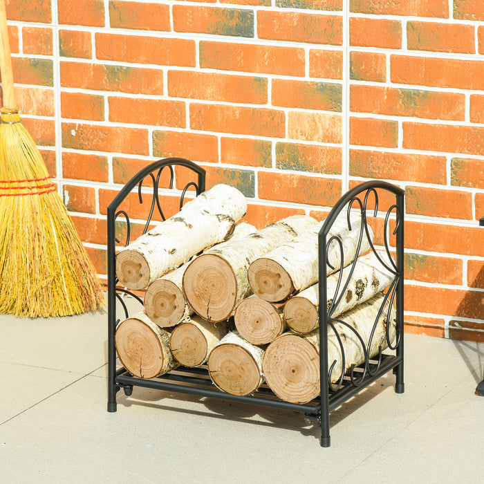 Firewood Log Rack with Side Scrolls - Durable Metal Wood Storage Holder for Fireplace - Ideal for Indoor and Outdoor Use, Compact 39.5x31.5x39.5cm, Sleek Black Design