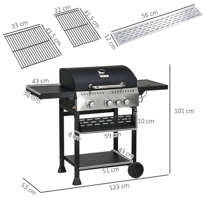 Galvanised Steel BBQ Grill Trolley with 3+1 Gas Burners - Durable Outdoor Cooking Station, Black Finish - Perfect for Backyard Barbecue Enthusiasts