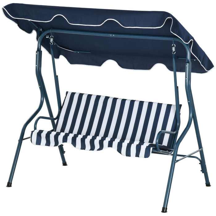 Outdoor 3-Seater Swing Bench with Adjustable Canopy - Blue Striped Garden Chair, Durable Metal Frame - Relaxation and Comfort for Patio or Yard