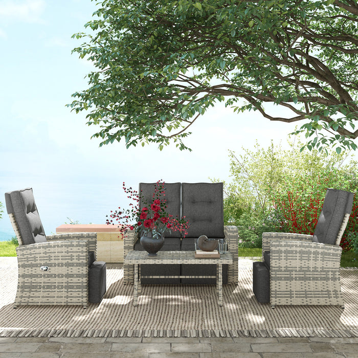 Rattan 4-Piece Outdoor Set - Garden Sofa Sectional with Glass Top Table, Light Grey - Perfect for Yard & Poolside Lounging