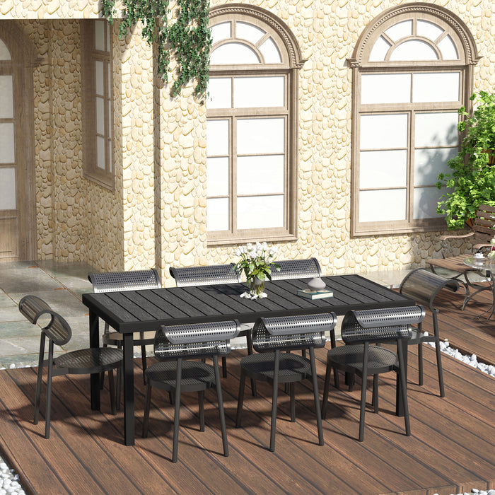 Alfresco 8-Seater Dining Table - Aluminium Frame with Faux Wood Top, 190x90x74cm, Black - Ideal for Patio, Lawn & Outdoor Gatherings