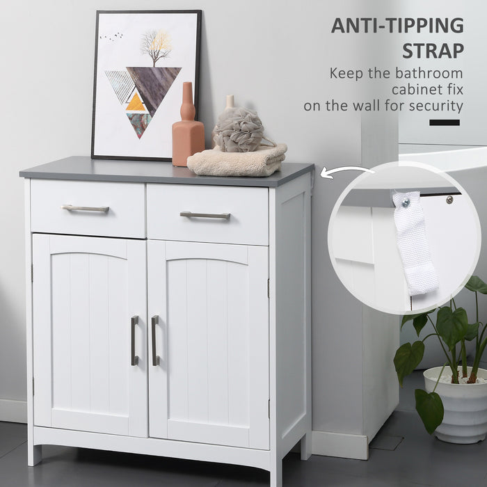 Freestanding Wooden Bathroom Floor Cabinet with 2 Drawers - Double Doors & Adjustable Shelf Storage Cupboard, Elegant White - Ideal for Organizing Toiletries and Linens