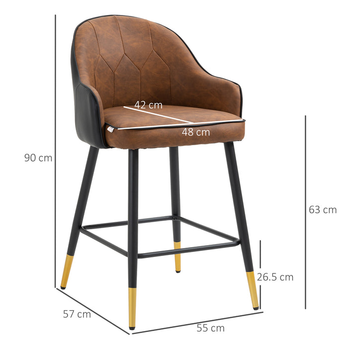 Modern Upholstered Bar Stools (Set of 2) - PU Leather Kitchen Chairs with Tufted Back and Steel Legs, Brown - Ideal for Home Bar or Kitchen Island Seating
