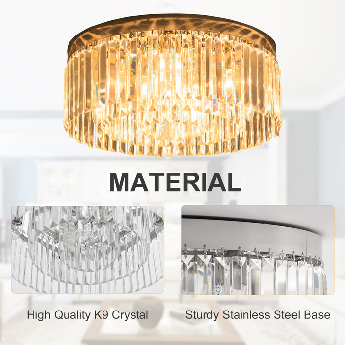 Elegant Crystal Chandelier - Modern 10-Light Flush Mount Ceiling Fixture with Stainless Steel Base - Ideal for Living Rooms, Hallways, and Bars