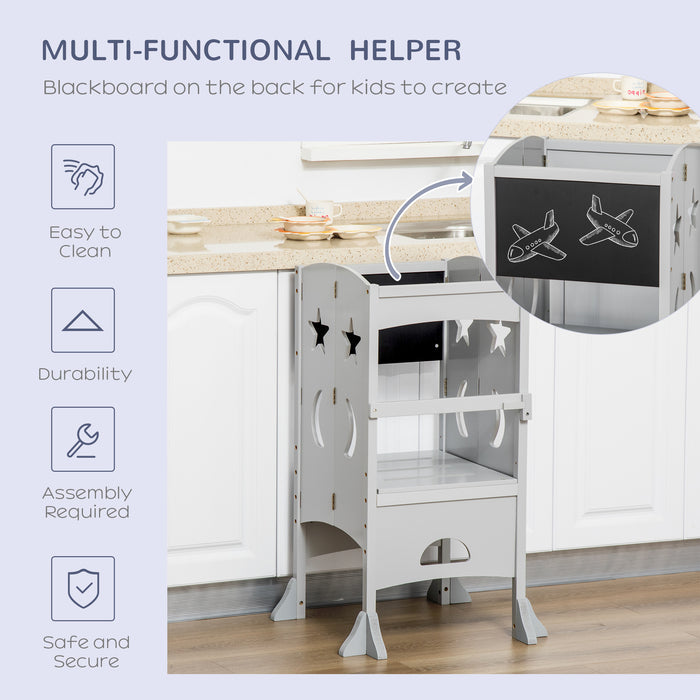 Toddler Kitchen Helper Step Stool with Safety Rail and Chalkboard - Durable Child Platform for Kitchen Counter in Grey - Ideal for Cooking, Learning, and Interactive Play