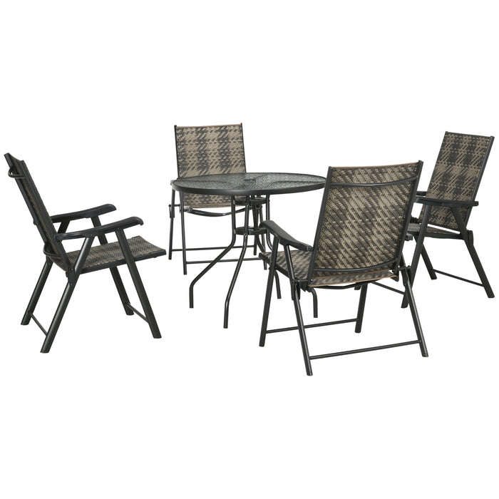 5-Piece Rattan Outdoor Dining Set - PE Rattan Folding Chairs with Round Glass-Top Table and Umbrella Hole - Ideal for Patio and Garden Entertainment