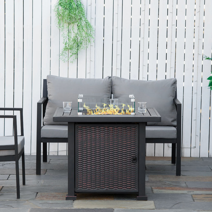 50000 BTU Square Rattan Gas Fire Pit Table - Smokeless Patio Heater with Glass Screen and Lid, Includes Fire Beads - Ideal Outdoor Centerpiece for Entertainment and Warmth