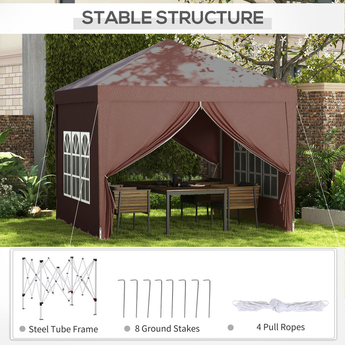 3x3m Pop-Up Gazebo Canopy - Wedding Party Tent with Windows & Carry Bag - Outdoor Event Shelter in Coffee Color