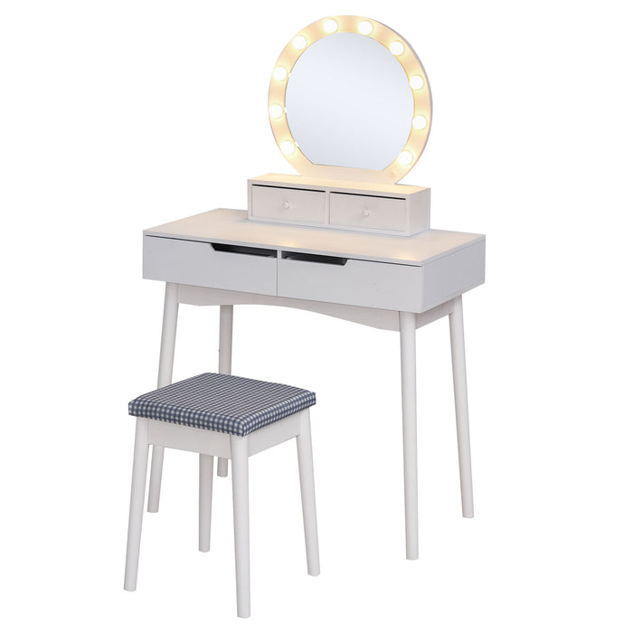 LED-Lit Makeup Vanity Set with Table Stool - Stylish Dressing Table Desk, 4 Storage Drawers, White - Perfect for Bedroom Beauty Organization