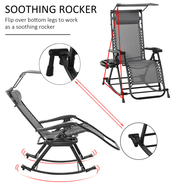 Folding Rocking Sun Lounger - Garden Recliner with Adjustable Zero-Gravity, Side Holder, Headrest for Patio Decking - Ideal for Outdoor Relaxation, Grey