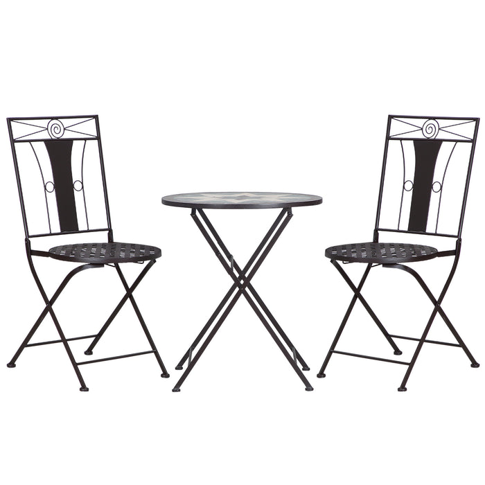 3-Piece Patio Bistro Set - Mosaic Tabletop, Foldable Armless Chairs, Metal Frame - Ideal for Garden & Poolside Coffee Breaks