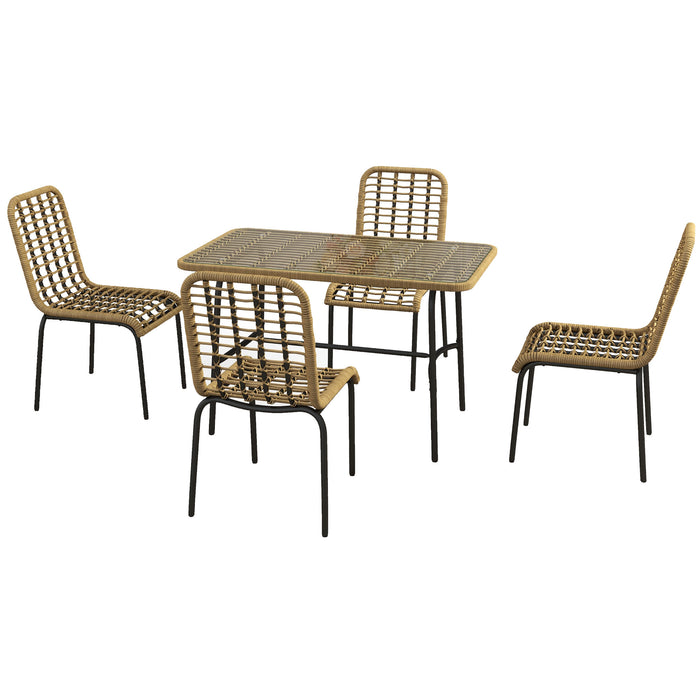 5-Piece Rattan Outdoor Dining Ensemble - Tempered Glass Tabletop with Hollowed-Out Pattern, Natural Wood Finish - Ideal for Patio and Conservatory Spaces