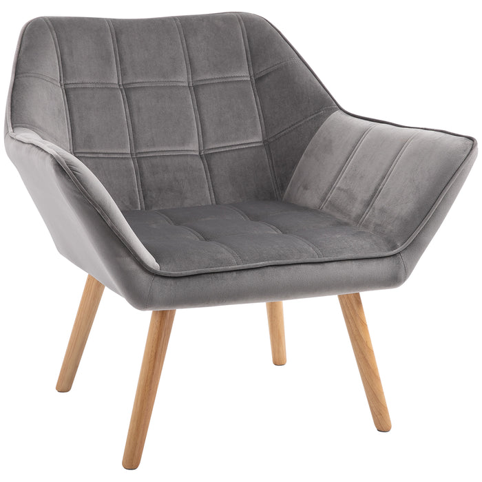 Accent Armchair with Wide Arms and Slanted Back - Padded Grey Seat with Iron Frame and Wooden Legs - Stylish Seating for Home and Bedroom Decor