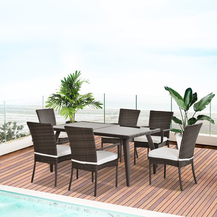 6-Seater Rattan Dining Set - Wicker Weave Chairs with Tempered Glass Top Table for Outdoor & Garden - Elegant Patio Furniture for Family and Entertaining