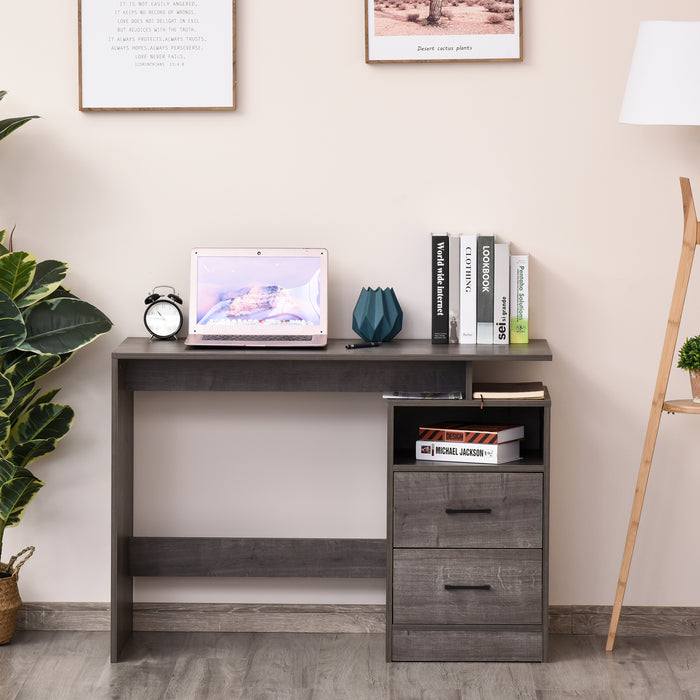 Grey Wood Computer Desk - Study and Writing Table with Storage Shelf and Drawer - Ideal for Home Office and Study Room Use