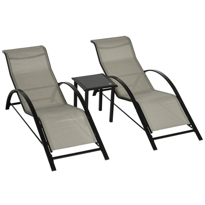 Outdoor Reclining Lounge Chair Set with Side Table - 3-Piece, Grey Sunbathing Chairs for Patio & Garden - Ideal for Poolside Leisure and Backyard Relaxation