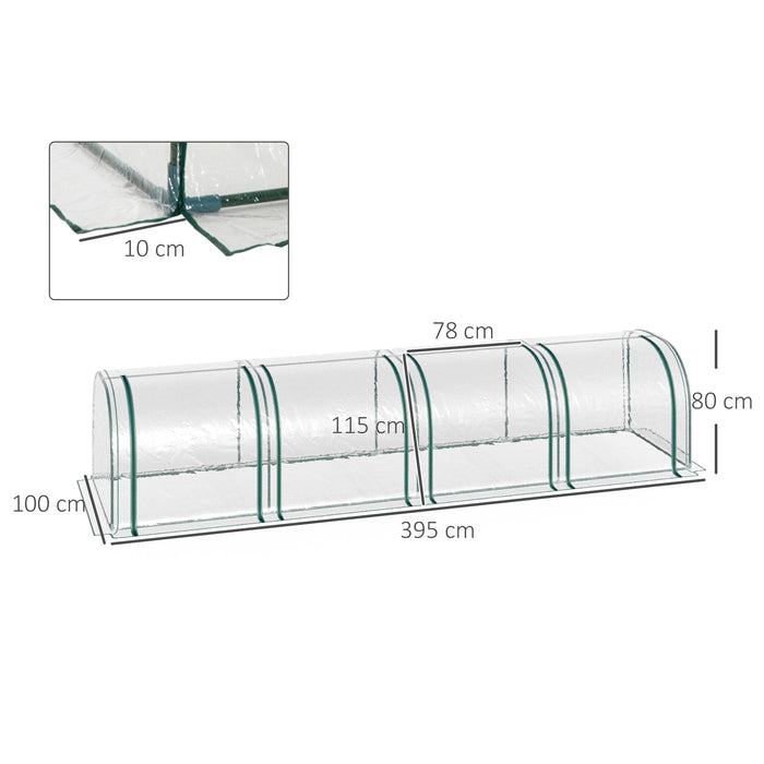 Green PVC Tunnel Greenhouse with Steel Frame - 395x100x80 cm Transparent Grow House with Zipper Doors for Garden and Backyard - Protects Plants & Seedlings Year-Round