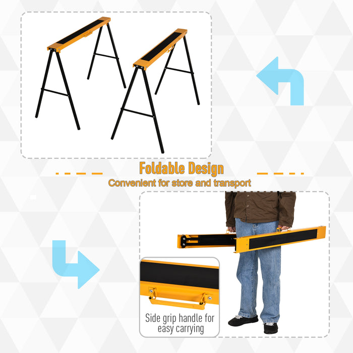 Heavy-Duty Steel Sawhorse Pair - 125kg Capacity with Non-Slip Cushions and Side Grips - Space-Saving Foldable Design for Workshop Organization