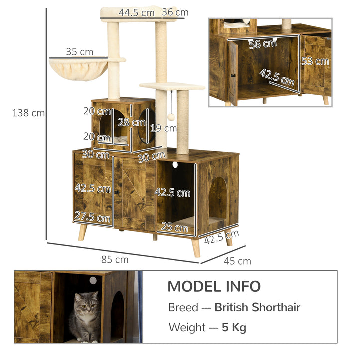 Rustic Brown Multi-Functional Cat Litter Box Enclosure - Includes Tree Tower, Hammock, & Cozy Cushion - Stylish House & Activity Center for Cats