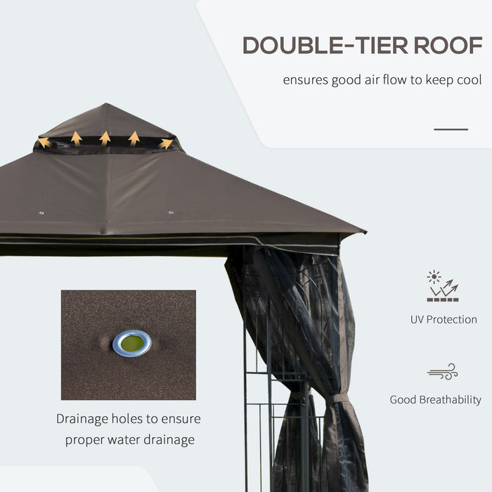 Double Tier Roof Gazebo - Outdoor Garden Canopy with Removable Mesh Curtains and Display Shelves - Ideal for Entertaining and Relaxation in Coffee Color