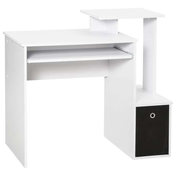 Compact White Computer Desk - Sliding Keyboard Tray, Storage Drawer, and Shelf - Ideal for Home Office, Gaming, and Study Workstation