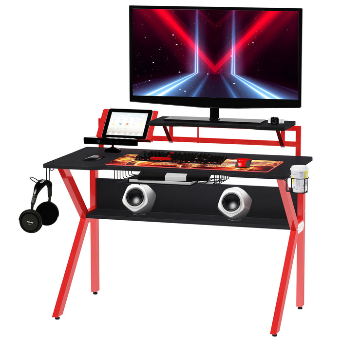 Sturdy Gaming Desk with Metal Frame - Ergonomic Computer Table with Cup Holder, Headphone Hook & Cable Basket - Ideal for Gamers and Home Office Use