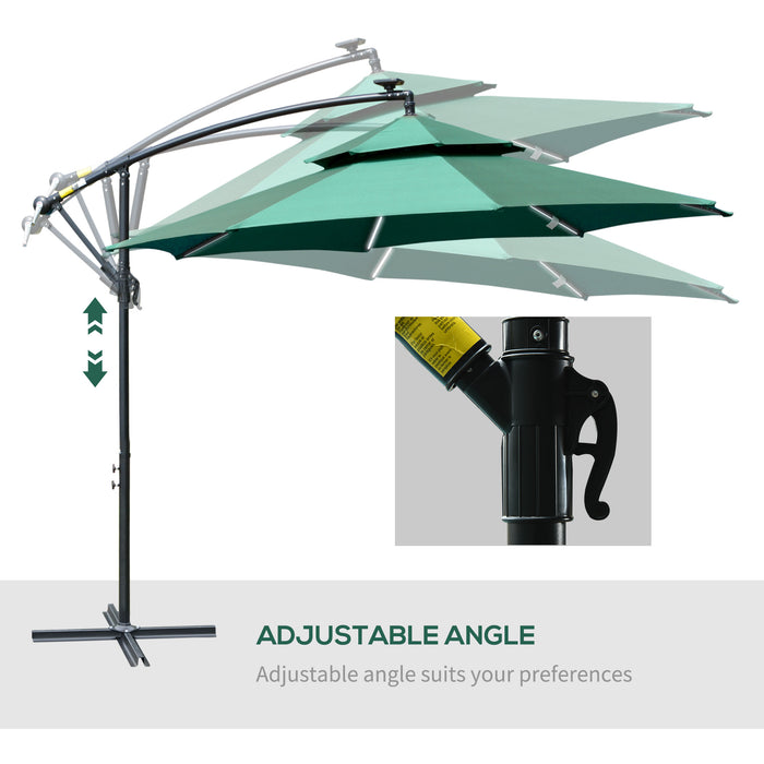 Cantilever 3m Banana Hanging Parasol - Double Roof Design with Solar LED Lights & Crank Mechanism, 8 Robust Ribs - Ideal Outdoor Shade for Patio or Garden