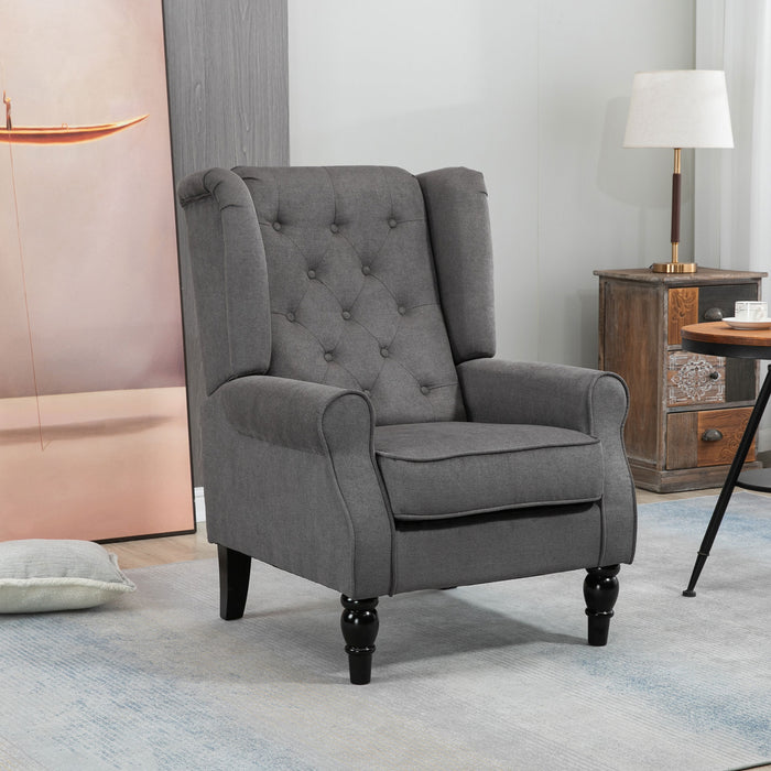 Retro Wingback Armchair - Button Tufted Design with Sturdy Wood Frame, Dark Grey - Elegant Lounge Seating for Living Room or Bedroom