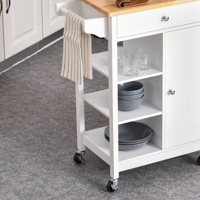 Kitchen Storage Trolley with Wooden Top - 3-Tier Shelving, Cupboard, Drawer, and Towel Rail on 4 Casters - Space-Saving, Mobile Organizer for Home Chefs