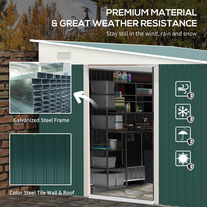 Outdoor Metal Tool Shed - Double Sliding Doors, Twin Air Vents, Spacious 11.3x9.2 ft - Ideal Garden Storage Solution in Green