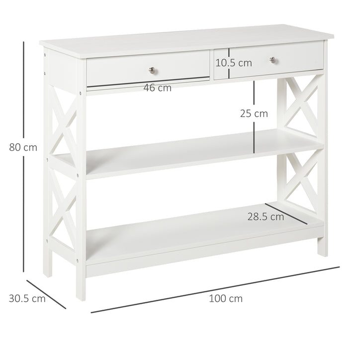 Console Side Desk with Storage - Modern White Console Table with Shelves, Drawers, and Open Top X Frame - Stylish Organizer for Living Room, Hallway, Home Office