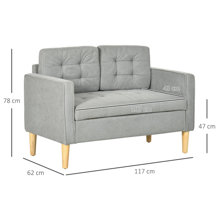 Compact Loveseat Couch with Storage - 117cm Tufted Cotton 2-Seater, Wooden Legs in Light Grey - Space-Saving Sofa for Small Living Areas