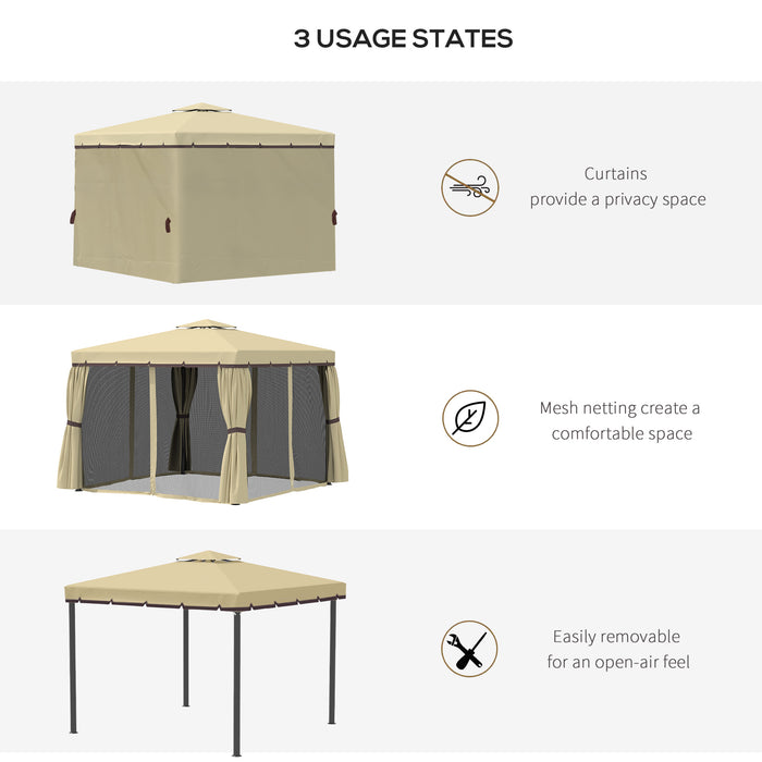 Aluminium Frame Garden Gazebo Pavilion - 3x3m Water-Resistant Double-Tier Roof with Mosquito Netting and Curtains in Beige - Ideal Outdoor Shelter for Events and Relaxation