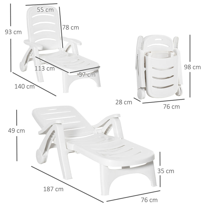 Outdoor Folding Sun Lounger with Wheels - 5-Position Adjustable Backrest Recliner, Set of 2, White - Ideal for Patio and Poolside Relaxation