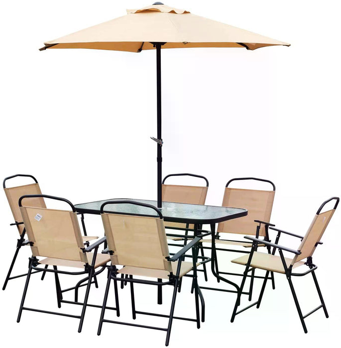 Outdoor Elegance Dining Collection - 8-Piece Textilene Patio Set with Umbrella in Beige - Ideal for Garden Parties and Family Gatherings