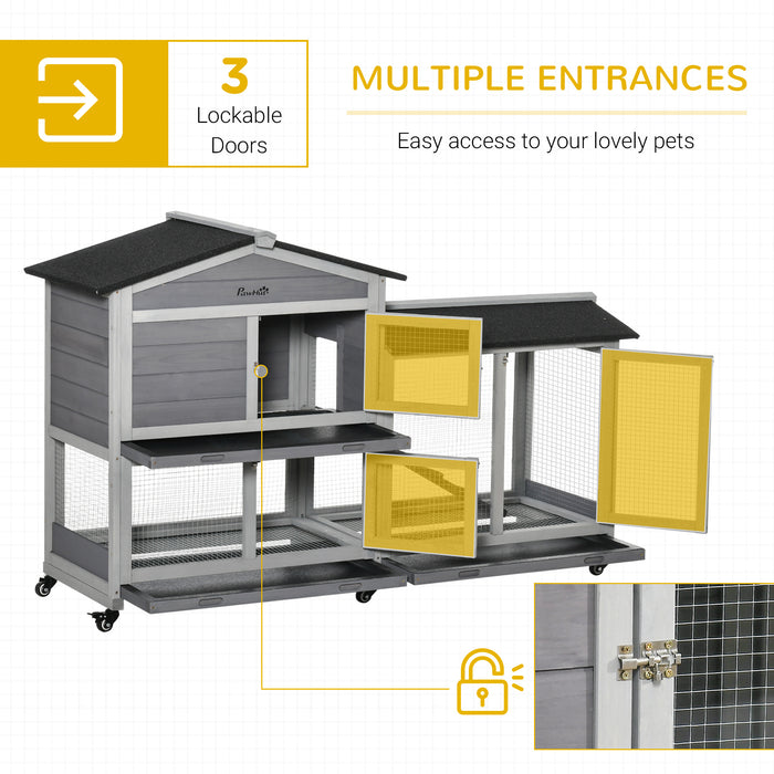 Mobile Two-Tier Rabbit Hutch with Wheels - Wooden Guinea Pig Cage with Run, Slide-Out Tray, and Ramp - Ideal for Bunny Outdoor Living and Exercise 157.4 x 53 x 99.5 cm