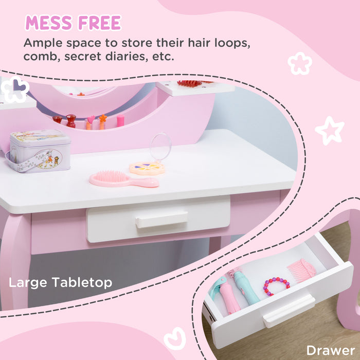 Kids Vanity Set with Stool and Mirror - Girls Pink Dressing Table with Drawer, Round Legs - Makeup Desk for Ages 3-6 Years Old