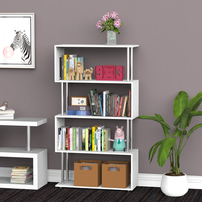 S-Shaped Wooden Bookshelf - Multi-Tier Storage Display Unit in White - Ideal for Organizing Books and Decor in Style