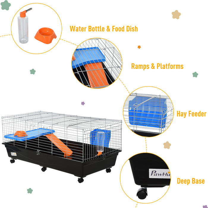 2-Tier Steel Guinea Pig Hut - Medium-Sized Dual-Level Cage with Accessories, Blue/Orange - Ideal for Small Guinea Pigs