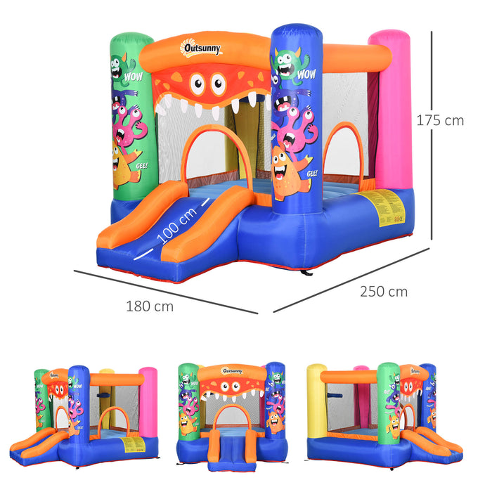 Monster Bounce Castle Inflatable Trampoline - Kids Slide, Basketball Hoop, Blower Included, 2.5m x 1.8m x 1.75m - Ideal for Children Ages 3-8, Multicolored Outdoor Fun