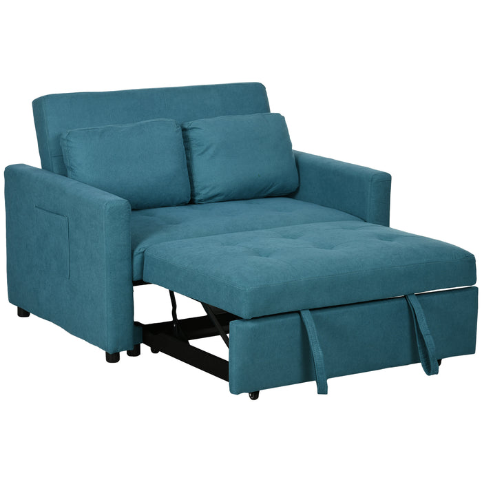 Convertible Loveseat Sofa Bed with Side Pockets - Blue 2-Cushion Settee Sleeper Couch - Space-Saving Furniture for Living Room