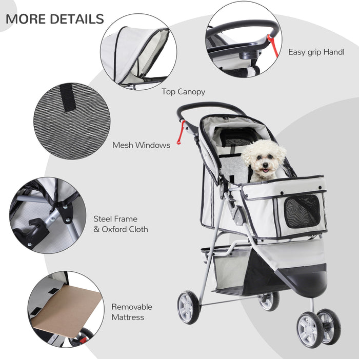 Pet Travel Stroller for Dogs and Cats - Three-Wheeled Pushchair Trolley in Grey - Ideal for Puppy Jogging and Carrier Convenience