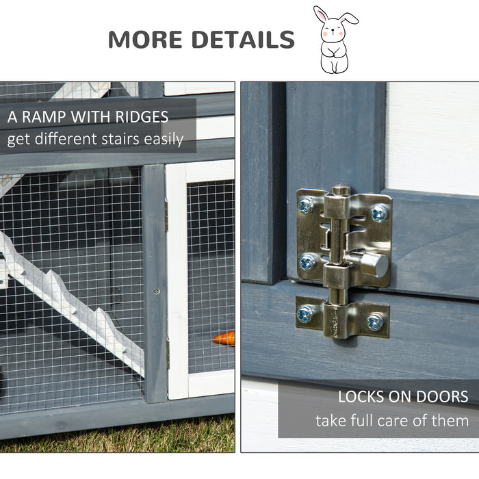 Wooden Two-Tier Rabbit Hutch with Openable Roof - Guinea Pig Cage with Slide-Out Tray & Ramp, Grey - Ideal for Small Pet Housing and Easy Maintenance