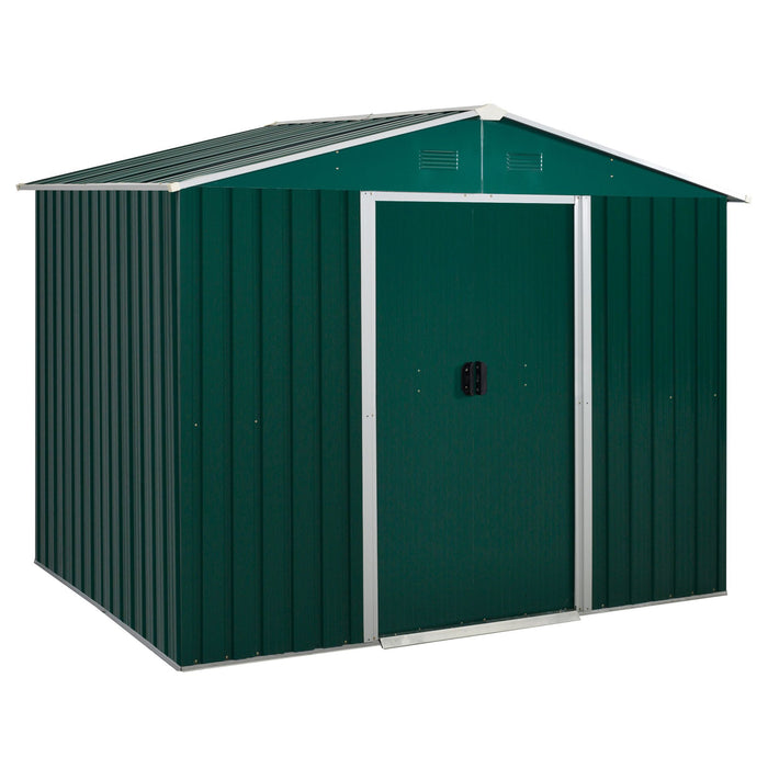 Corrugated Steel Garden Shed 8x6 ft - Spacious Metal Storage with Ventilation & Sliding Doors, Green - Ideal for Outdoor Tools and Equipment Shelter